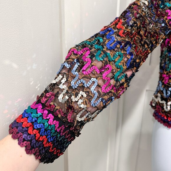 Vintage 80's Rainbow Sequins Sheer Disco Retro Shirt - Picture 3 of 12